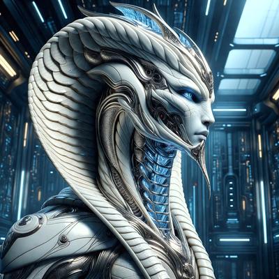 The primary subject of the image is a futuristic robotic head with a long neck and a blue face. The setting is a futuristic environment, possibly a space station or a high-tech facility. The visual style is a combination of digital art and illustration, creating a unique and intriguing appearance. The colors and mood of the image are predominantly blue and silver, giving it a sleek and advanced feel.